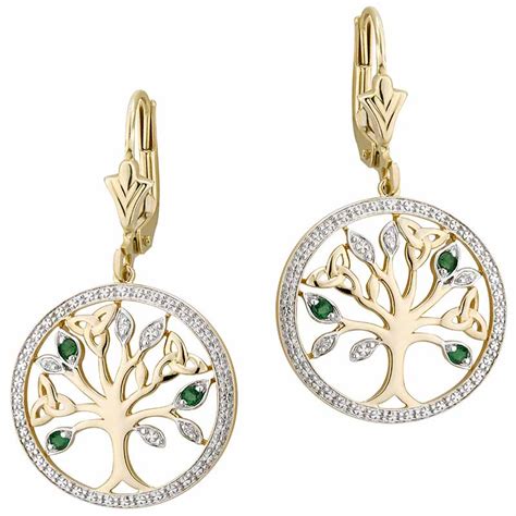 Irish Earrings - 14k Gold with Diamonds and Emerald Tree of Life Earrings at IrishShop.com ...