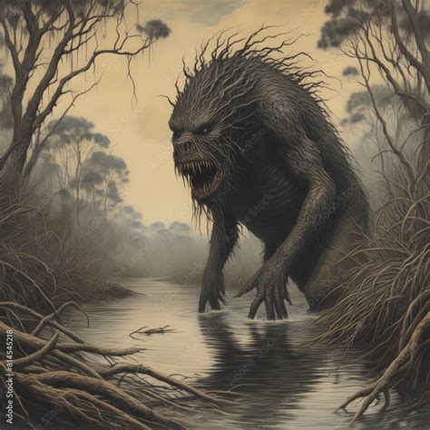 historic depiction of a bunyip, a mythical creature from Australian Aboriginal mythology, said ...