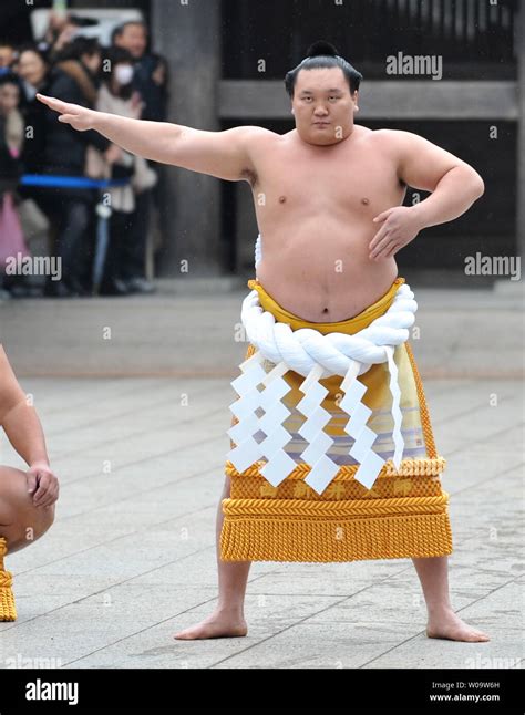 Mongolian grand sumo champion Yokozuna Hakuho performs type Shiranui entering ceremony for the ...