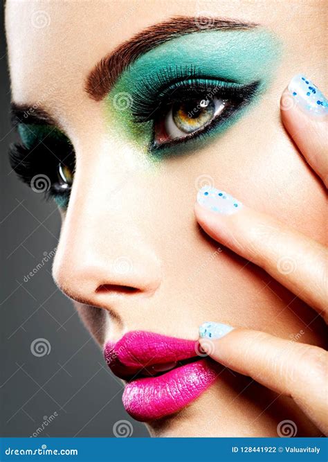 Face of a Beautiful Girl with Fashion Makeup and Blue Nails Stock Photo - Image of female ...