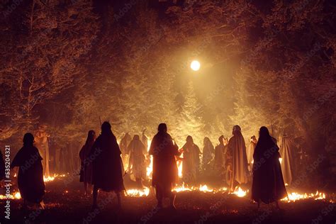 Silhouettes of pagans in robes at night around the fire. Pagan rituals ...