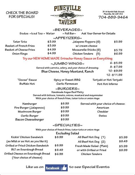 Menu at Pineville Tavern pub & bar, Pineville