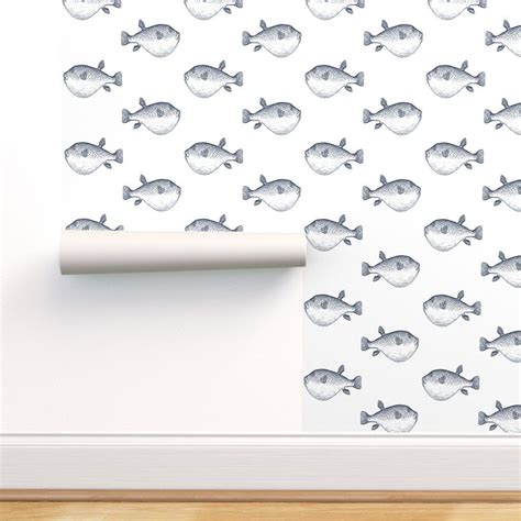 Blowfish Wallpaper Navy Blowfish Blow Fish White by Jenlats | Etsy