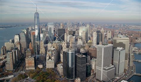 Lower Manhattan skyscrapers in Autumn, New York City Aerial Stock Photo AX120_124.0000165F ...