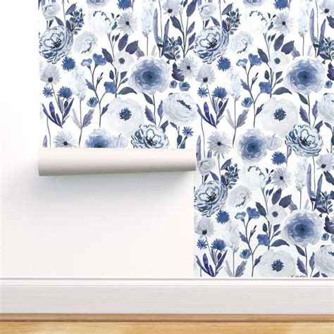 Blue Floral Wallpaper Indigo Garden B by Indybloomdesign Watercolor ...