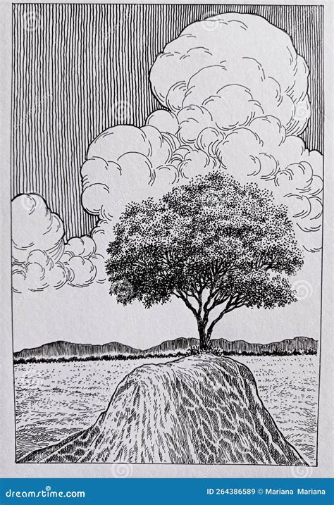 A Drawing of a Tree on a Small Hill Stock Illustration - Illustration of cloud, design: 264386589