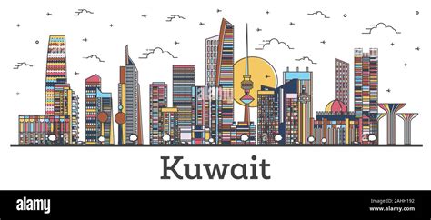 Outline Kuwait City Skyline with Color Buildings Isolated on White ...