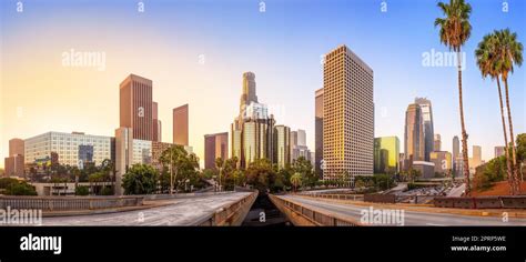 the skyline of los angeles during sunrise Stock Photo - Alamy