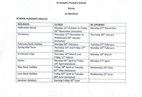 School Calendar | St. Joseph's Primary School