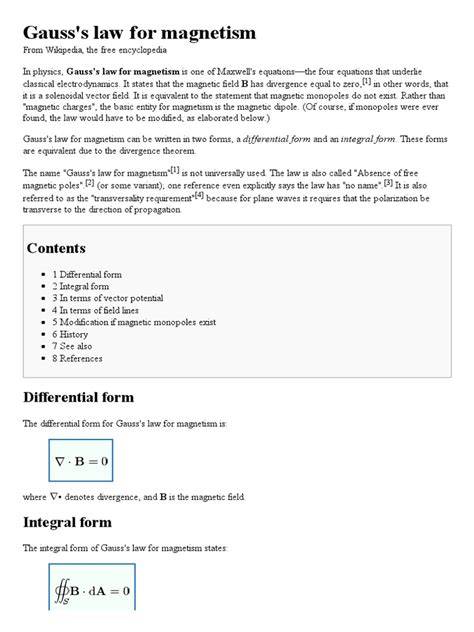 Gauss's Law For Magnetism - Wikipedia, The Free Encyclopedia | PDF ...