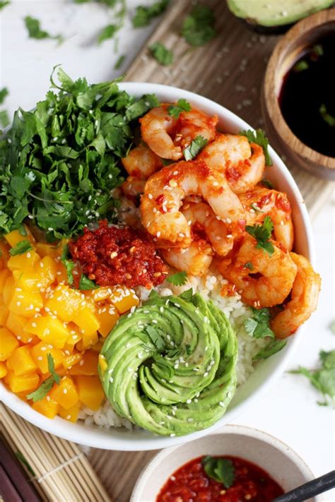 Spicy Shrimp, Mango and Avocado Sushi Bowl - The Wooden Skillet