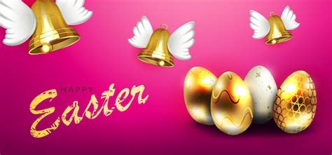 Premium Vector | Illustration with Easter eggs and bells with golden colored wings