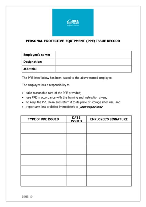 Personal protective equipment (PPE) issue record in Word and Pdf formats