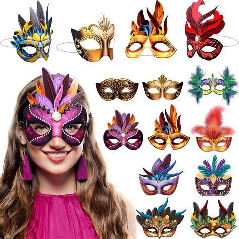 24 Pieces Mardi Gras Masks Carnival Parade Faux Feather Face Masks ...