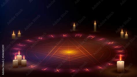 A star in a circle on the floor with candles, a magic ritual of ...