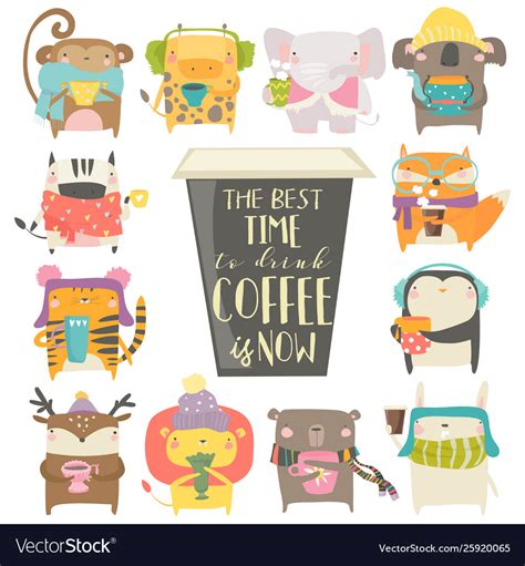 Cute animals in sweater and scarf drinking coffee Vector Image