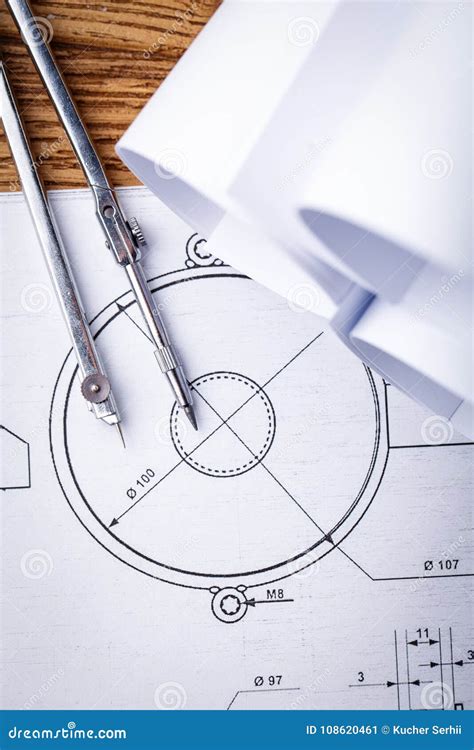 Technical Drawings. Project by Drawing Compass on Paper. Drawing Detail and Drawing Tools Stock ...