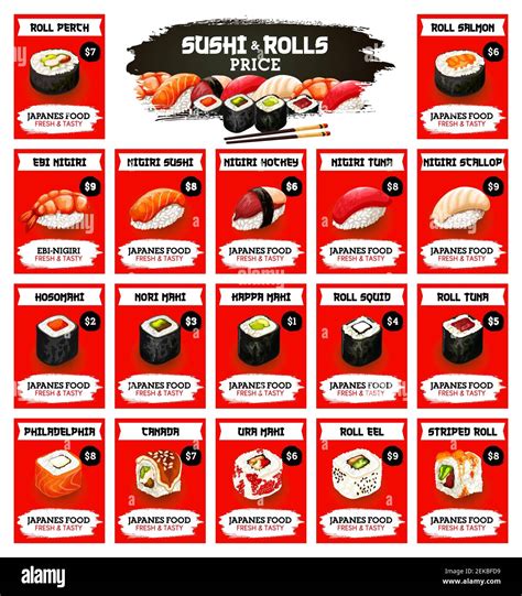 Sushi bar price menu, Japanese food and Asian seafood. Vector Japanese ...