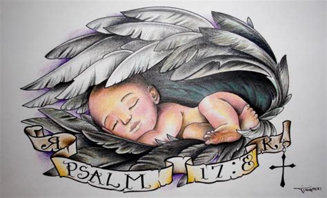 Amazing colored sleeping baby in large angel wings with memorial stripe ...