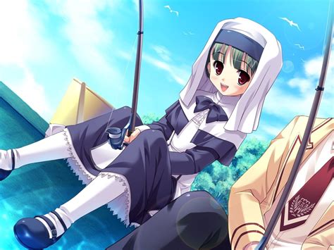 Green haired anime nun with fishing rod HD wallpaper | Wallpaper Flare