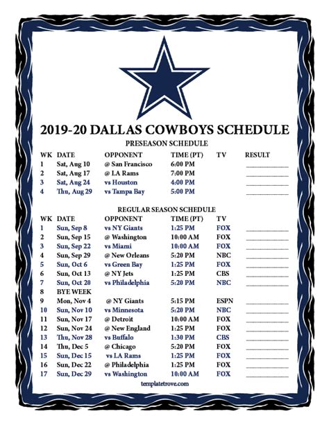 Cowboys Printable Schedule 2023-24