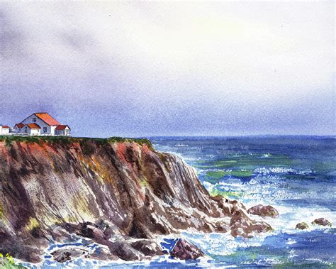 Keepers House On Rocky Cliff At The Ocean Shore Watercolor Painting by ...