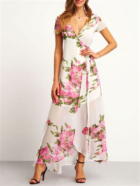 White Floral Print Wrap Maxi Dress -SheIn(Sheinside)