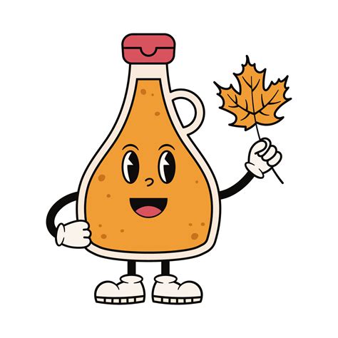 Groovy maple syrup character holding maple leaf. Cute retro mascot. Cartoon isolated vector ...