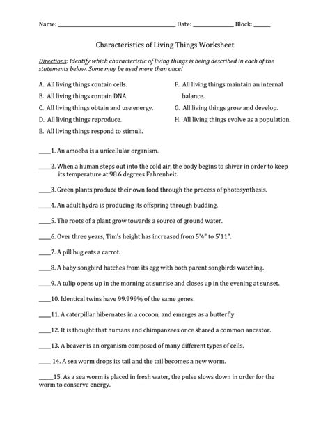 Characteristics Of Living Things Worksheet - Abhayjere.com