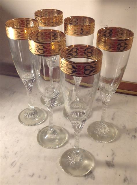 Proantic: 6 Champagne Flutes In Crystal And Fine Gold Frieze 21 Cm