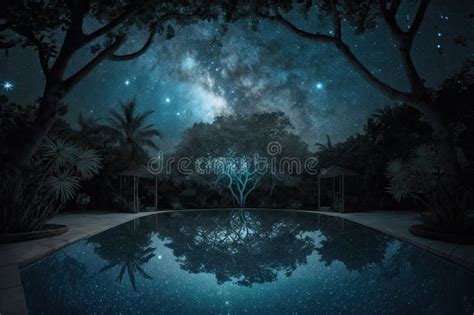 Swimming Pool with View of the Stars and Night Sky, Surrounded by Trees Stock Illustration ...