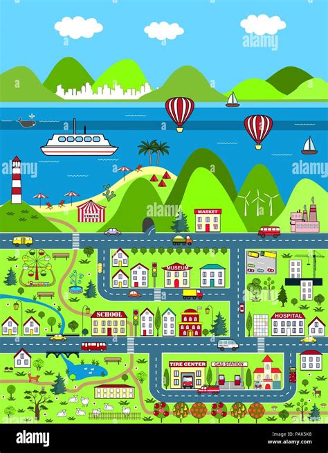 Detailed cartoon map with city, mounatins, and sea Stock Vector Image & Art - Alamy