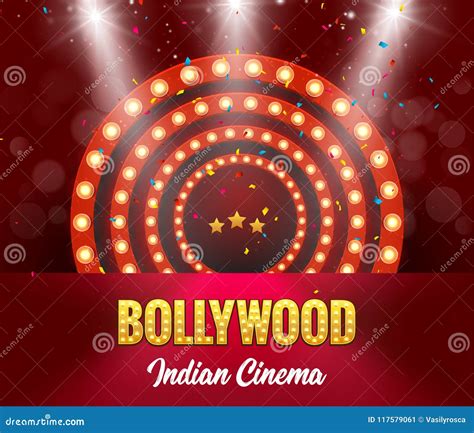 Bollywood Indian Cinema Film Banner. Indian Cinema Logo Sign Design Glowing Element with Stage ...