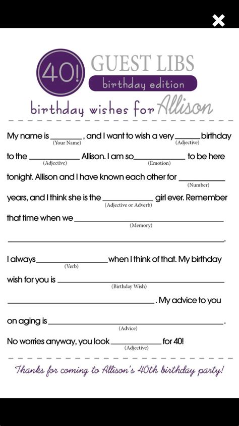 Mad lib idea 40th Birthday Party Games, 30th Party, Mom Party, 65th ...