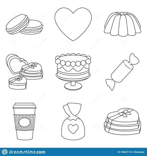 9 Line Art Black and White Romantic Food Elements Stock Vector ...