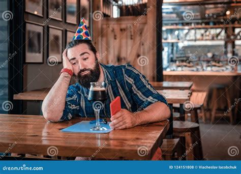 Sad Depressed Man Sitting in Nice Pub on His Birthday Alone Stock Photo ...