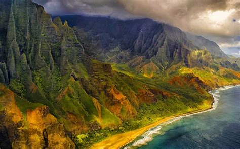 nature, Landscape, Aerial View, Mountains, Beach, Sea, Cliff, Clouds, Coast, Island, Kauai ...
