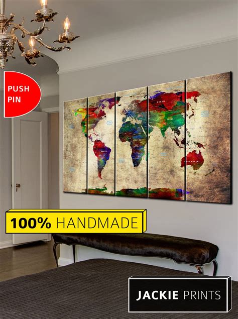 Push Pin Canvas Map World Map Print World Colorful Map Wall - Etsy