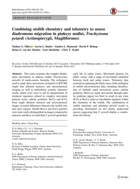 Combining Otolith Chemistry and Telemetry to Assess Diadromous Migration in Pinkeye Mullet ...