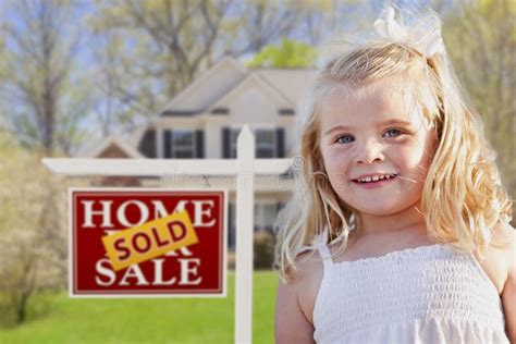 Cute Girl in Yard with Sold for Sale Real Estate Sign and House Stock Image - Image of home ...