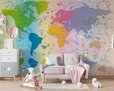 Kids Map Wallpaper, Peel and Stick Cute World Map Wallpaper, Wall Cover Kids Room Nursery, Child ...