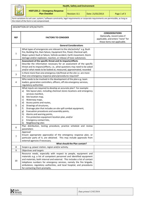 HSEF1201.2 - Emergency Response Plan Checklist