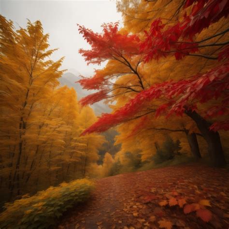 Premium AI Image | A road in the woods with a red and yellow tree.