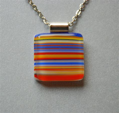 Fused Glass Pendant Necklace Blue Red Yellow and White Stripes Handmade by Penny Glass Girl. $24 ...