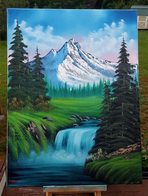 "Bob Ross Style Mountain Waterfall" Oil 18x24 canvas http://ift.tt/2rEukGK | Mountain landscape ...