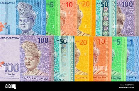 Malaysia currency of Malaysian ringgit banknotes background. Paper money of one, five, ten ...