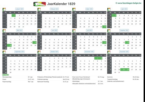 Kalender 1839 Jaarkalender | België verlengde weekends feestdagen ...