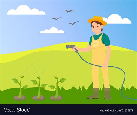 Woman farmer in uniform watering plants Royalty Free Vector