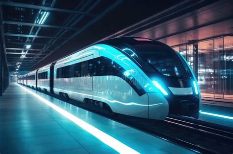 High-speed Autonomous Self-driving Train at Railway Station at Night. Generative AI Stock ...