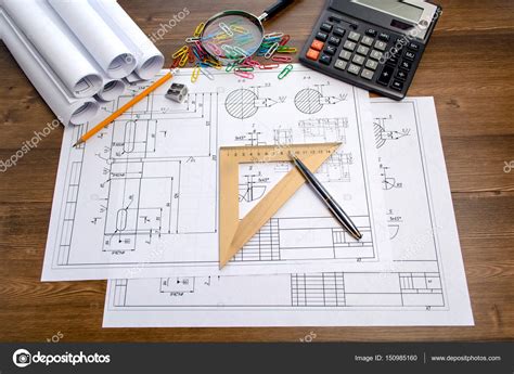 Engineering drawing equipment, paper, ruler and pencil Stock Photo by ...